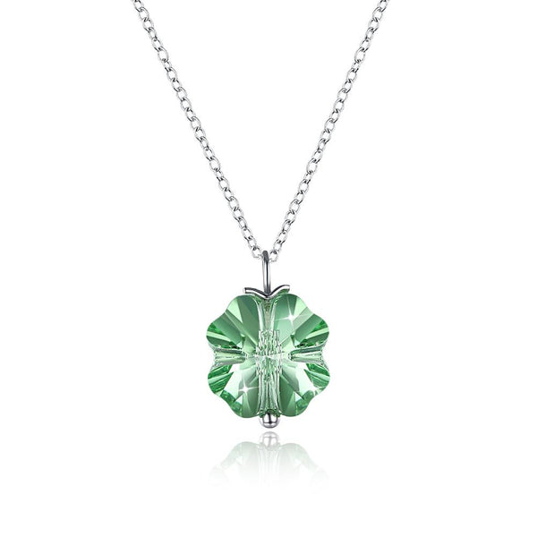 Green Crystal Clover Sterling Silver Necklace With Crystals