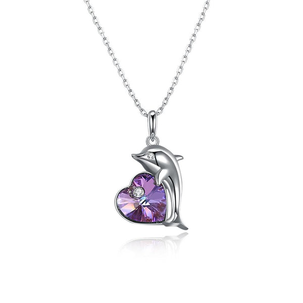 Loving Dolphin Pink Heart Sterling Silver Necklace with  Crystals
